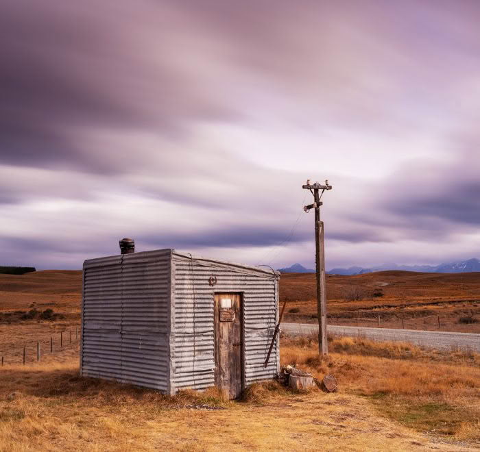 Irishman Creek Roadmans Hut, Tekapo, New Zealand with stunning dusk light