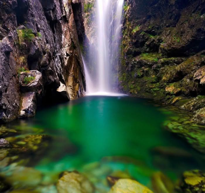 Base of Routeburn Falls, with water cascading through the center of a rocky outcropping into a lush pool