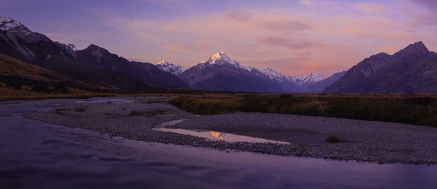 Tasman Valley at dusk. New Zealand photo tours